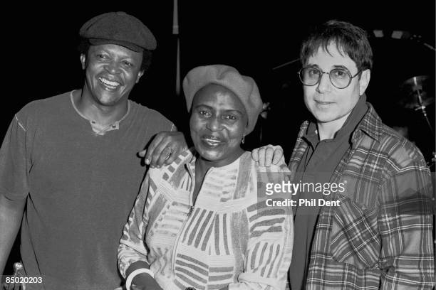 Photo of Hugh MASEKELA and Miriam MAKEBA and Paul SIMON; L-R. Hugh Masekela, Miriam Makeba, Paul Simon
