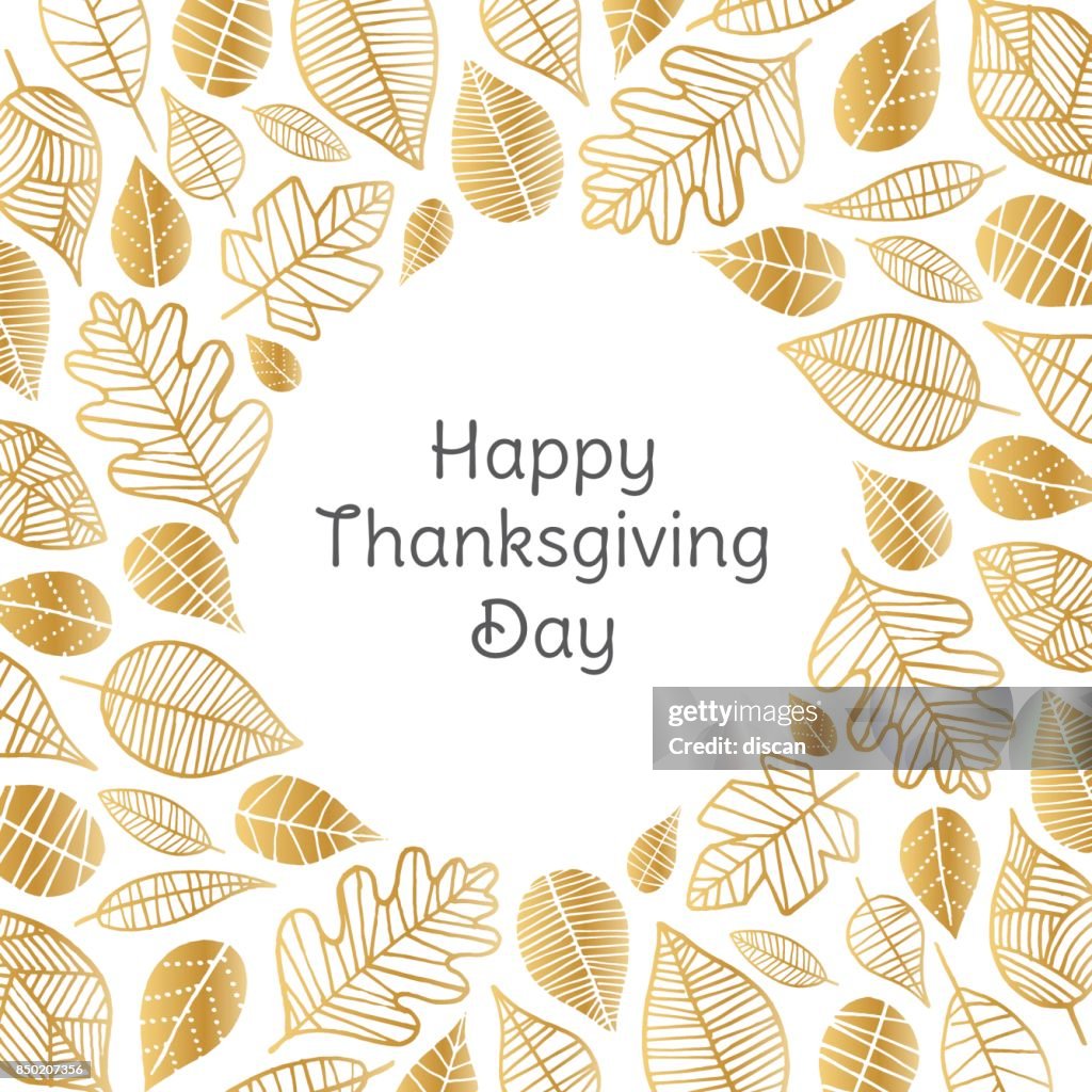 Happy Thanksgiving Day greeting card with golden leaves