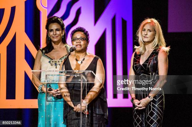 Giselle Fernandez, Mattie McFadden-Lawson and Carolyn Powers speak during the 2017 GRAMMY Museum Gala Honoring David Foster at The Novo by Microsoft...