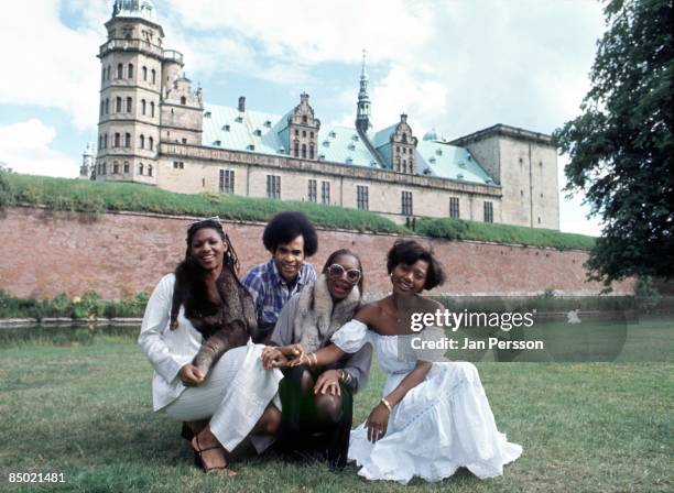 Marcia Barrett, Bobby Farrell, Maizie Williams and Liz Mitchell from pop group Boney M posed in front of Elsinore Castle, Denmark in 1978.
