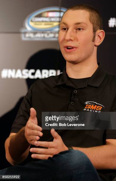 Kaz Grala describes his early season success at the 2017 NASCAR Camping World Truck Series Playoffs Media Day on September 20, 2017 in Charlotte,...