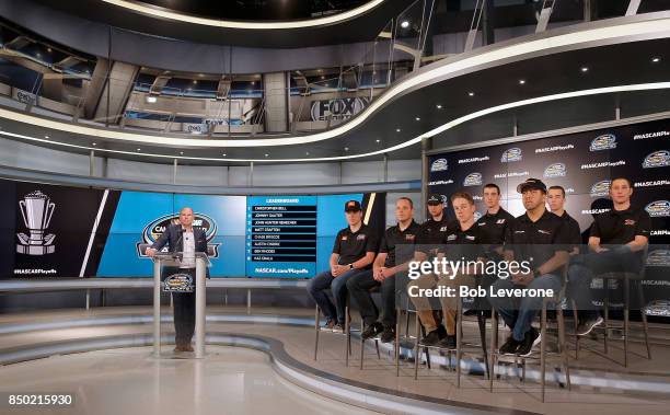 The eight drivers on the leader board going into the playoffs answer media questions on September 20, 2017 in Charlotte, North Carolina at the 2017...