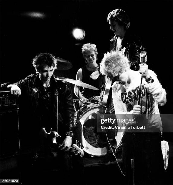 Photo of Steve JONES and Johnny ROTTEN and Sid VICIOUS and SEX PISTOLS; L-R: Sid Vicious, Paul Cook, Steve Jones, Johnny Rotten , posed, group shot,...