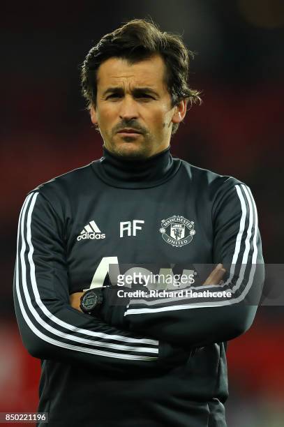 Rui Faria, Manchester United assistant manager looks on prior to the Carabao Cup Third Round match between Manchester United and Burton Albion at Old...