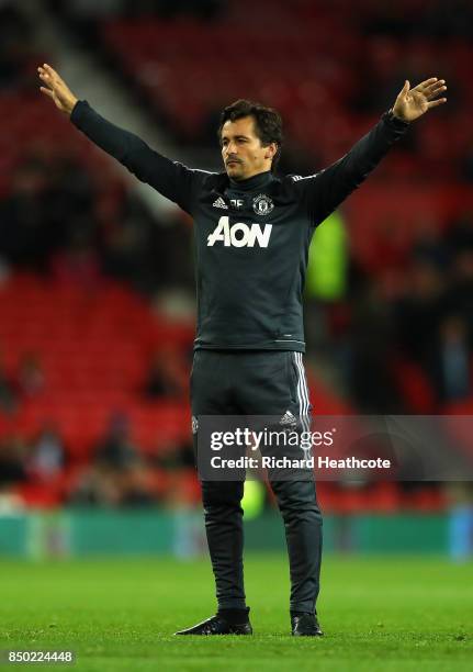 Rui Faria, Manchester United assistant manager gestures to team prior to the Carabao Cup Third Round match between Manchester United and Burton...