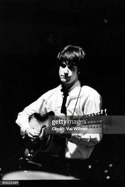 Photo of Ray DAVIES and KINKS; Ray Davies rehearsing, playing 12 string acoustic guitar