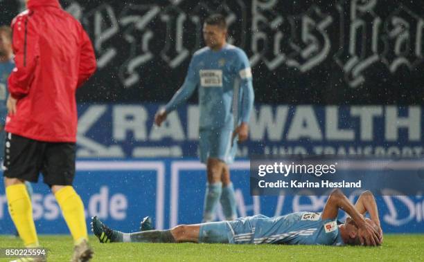 Dennis Grote of Chemnitz on the ground after the 3.Liga match between Chemnitzer FC and SC Fortuna Koeln at Community4you Arena on September 20, 2017...