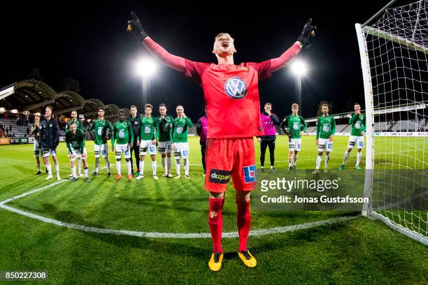 Anton Cajtoft goalkeeper of Jonkopings Sodra celebrates after the victory during the Allsvenskan match between Jonkopings Sodra and IK Sirius FK at...