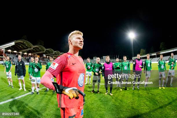 Anton Cajtoft goalkeeper of Jonkopings Sodra celebrates after the victory during the Allsvenskan match between Jonkopings Sodra and IK Sirius FK at...