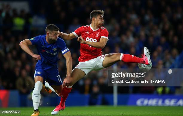 Gary Cahill of Chelsea and Tyler Walker of Nottingham Forest during the Carabao Cup Third Round match between Chelsea and Nottingham Forest at...