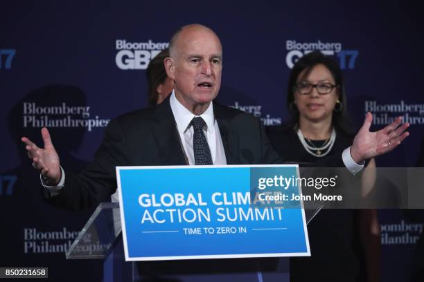 California Gov. Jerry Brown speaks about an upcoming climate summit while at the Bloomberg Global Business Forum on September 20, 2017 in New York...