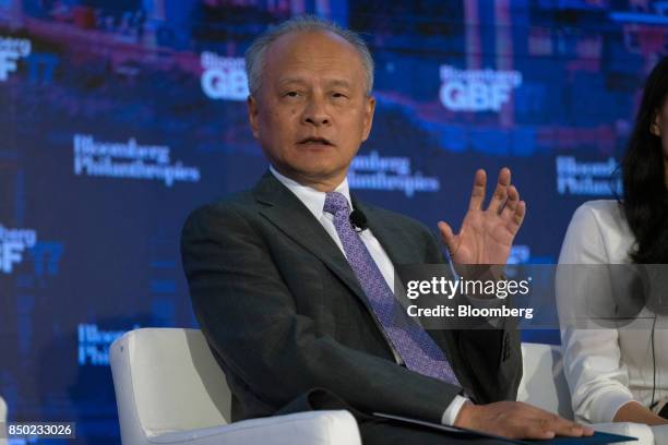 Cui Tiankai, People's Republic of China's ambassador to the U.S., speaks during the Bloomberg Global Business Forum in New York, U.S., on Wednesday,...
