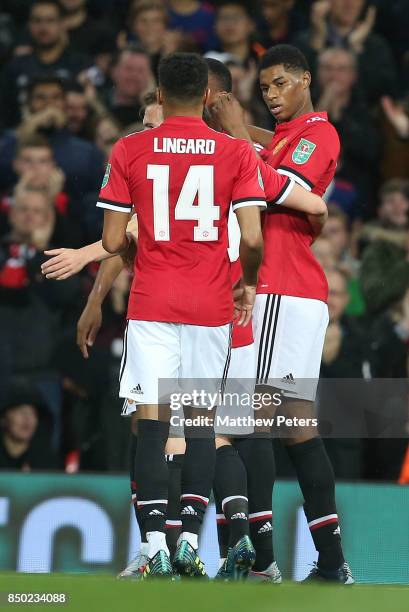 Marcus Rashford of Manchester United celebrates scoring their second goal during the Carabao Cup Third Round between Manchester United and Burton...