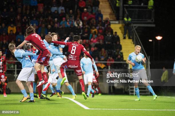 Franz Brorsson of Malmo FF with a suspected hands during the Allsvenskan match between IFK Norrkoping and BK Hacken at Nya Parken on September 19,...