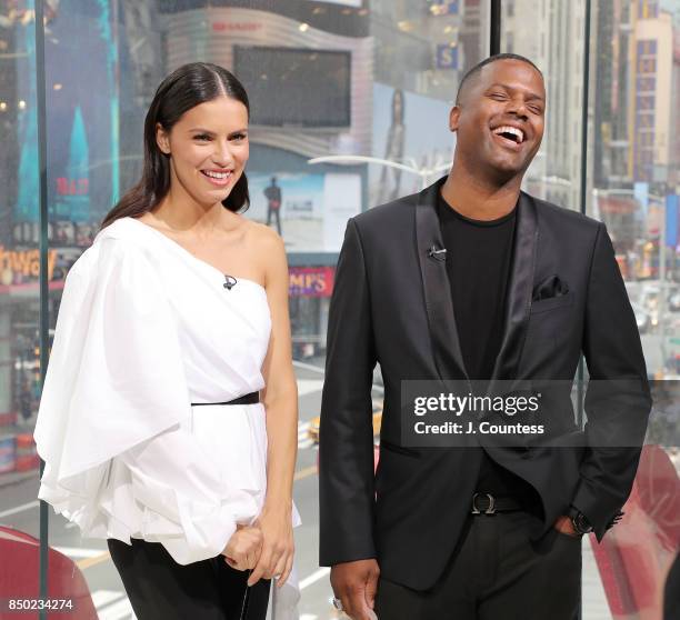 Model Adriana Lima is interviewed by A. J. Calloway during her visit to 'Extra' at their New York Studios at H&M Times Square on September 20, 2017...
