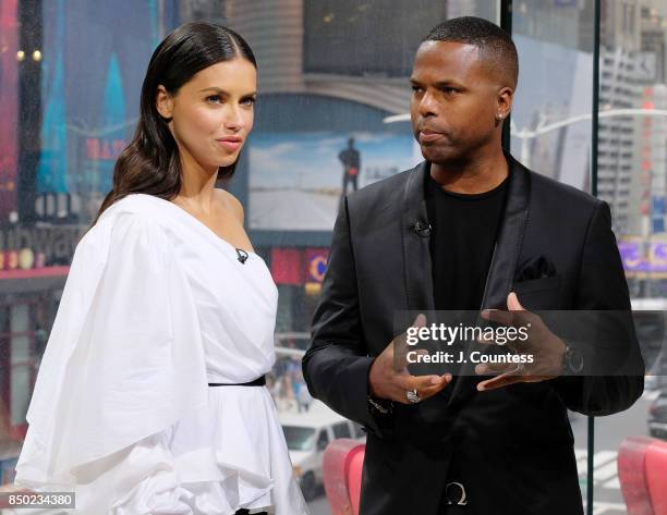 Model Adriana Lima is interviewed by A. J. Calloway during her visit to 'Extra' at their New York Studios at H&M Times Square on September 20, 2017...