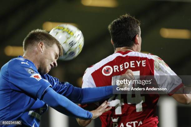 Marcus Mathisen of Halmstad BK shoots a header at Orjans Vall on September 20, 2017 in Halmstad, Sweden.