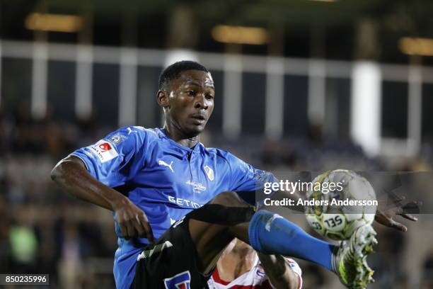 Aboubakar Keita of Halmstad BK receives the ball at Orjans Vall on September 20, 2017 in Halmstad, Sweden.