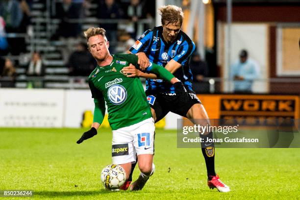 Tommy Thelin of Jonkopings Sodra competes for the ball during the Allsvenskan match between Jonkopings Sodra and IK Sirius FK at Stadsparksvallen on...