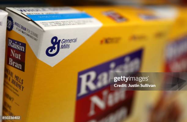The General Mills logo is displayed on a box of Raisin Nut Bran cereal at Scotty's Market on September 20, 2017 in San Rafael, California. General...
