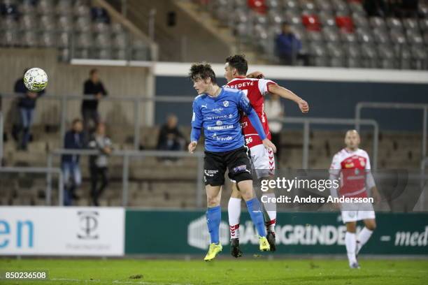 Jonathan Svedberg of Halmstad BK and Herman Hallberg of Kalmar FF competes for the ball at Orjans Vall on September 20, 2017 in Halmstad, Sweden.