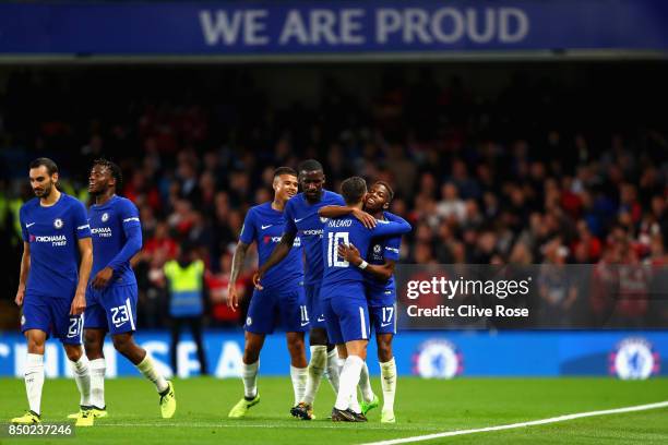 Charly Musonda of Chelsea celebrates scoring his sides third goal with his Chelsea team mates during the Carabao Cup Third Round match between...