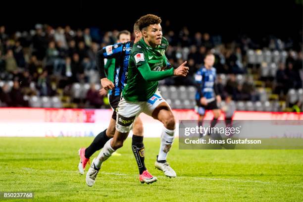 Alexander Jallow of Jonkopings Sodra competes for the ball during the Allsvenskan match between Jonkopings Sodra and IK Sirius FK at Stadsparksvallen...