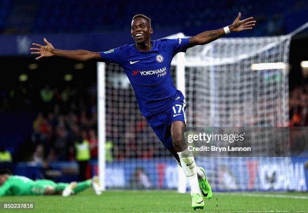 Charly Musonda of Chelsea celebrates after scoring during the Carabao Cup Third Round match between Chelsea and Nottingham Forest at Stamford Bridge...