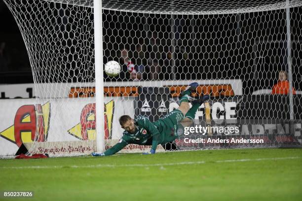 Lucas Hagg-Johansson, goalkeeper of Kalmar FF dives for a save at Orjans Vall on September 20, 2017 in Halmstad, Sweden.