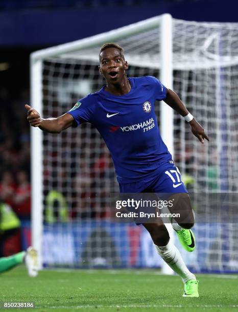 Charly Musonda of Chelsea celebrates scoring his sides third goal during the Carabao Cup Third Round match between Chelsea and Nottingham Forest at...