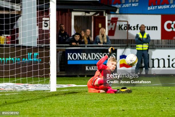 Anton Cajtoft goalkeeper of Jonkopings Sodra saving the penalty kick during the Allsvenskan match between Jonkopings Sodra and IK Sirius FK at...