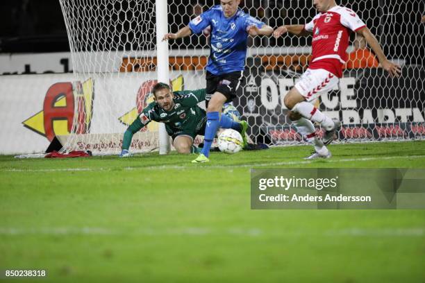 Lucas Hagg-Johansson, goalkeeper of Kalmar FF on his knees after a save at Orjans Vall on September 20, 2017 in Halmstad, Sweden.