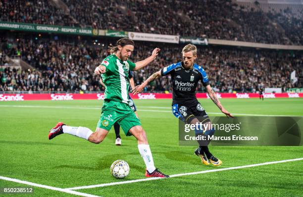 Bjørn Paulsen of Hammarby IF and Soren Rieks of IFK Goteborg during the Allsvenskan match between Hammarby IF and IFK Goteborg at Tele2 Arena on...