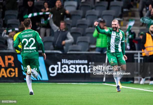 Kennedy Bakircioglu of Hammarby IF celebrates after scoring 1-1 during the Allsvenskan match between Hammarby IF and IFK Goteborg at Tele2 Arena on...