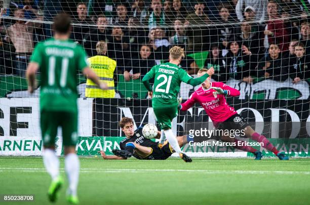 Sander Svendsen of Hammarby IF scores the second goal to Hammarby during the Allsvenskan match between Hammarby IF and IFK Goteborg at Tele2 Arena on...