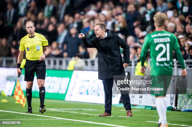 Jakob Michelsen, head coach of Hammarby IF during the Allsvenskan match between Hammarby IF and IFK Goteborg at Tele2 Arena on September 20, 2017 in...