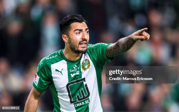 Jiloan Hamad of Hammarby IF during the Allsvenskan match between Hammarby IF and IFK Goteborg at Tele2 Arena on September 20, 2017 in Stockholm,...