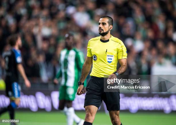 Referee Mohammed Al-Hakim during the Allsvenskan match between Hammarby IF and IFK Goteborg at Tele2 Arena on September 20, 2017 in Stockholm, Sweden.