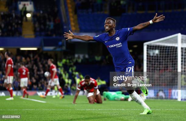 Charly Musonda of Chelsea celebrates after scoring during the Carabao Cup Third Round match between Chelsea and Nottingham Forest at Stamford Bridge...