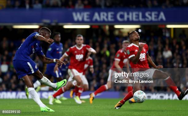 Charly Musonda of Chelsea scores his sides third goal during the Carabao Cup Third Round match between Chelsea and Nottingham Forest at Stamford...