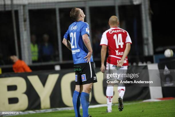 Andreas Bengtsson of Halmstad BK shows disappointment after a near miss at Orjans Vall on September 20, 2017 in Halmstad, Sweden.