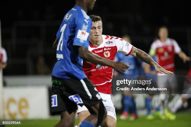 Erton Fejzullahu of Kalmar FF and Aboubakar Keita of Halmstad BK competes for the ball at Orjans Vall on September 20, 2017 in Halmstad, Sweden.