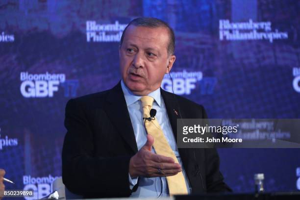 Turkish President Recep Tayyip Erdogan speaks at the Bloomberg Global Business Forum on September 20, 2017 in New York City. Heads of state and...