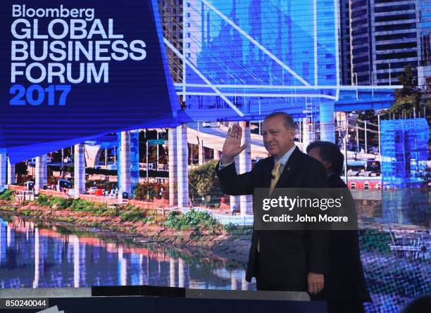 Turkish President Recep Tayyip Erdogan arrives to the Bloomberg Global Business Forum on September 20, 2017 in New York City. Heads of state and...