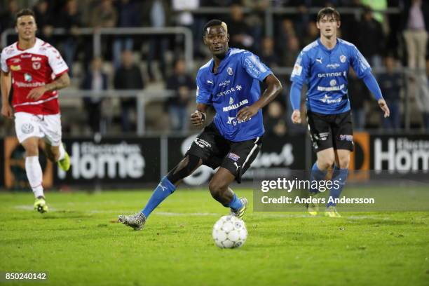 Aboubakar Keita of Halmstad BK runs with the ball at Orjans Vall on September 20, 2017 in Halmstad, Sweden.