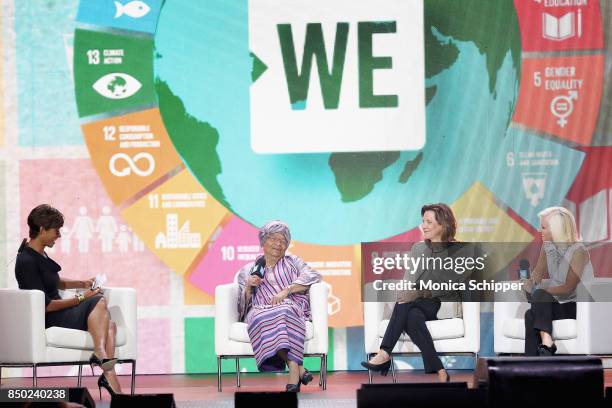 Sade Baderinwa, Her Excellency President Ellen Johnson Sirleaf of Liberia, Lynne Doughtie, and Carolyn Everson speak onstage at WE Day UN at The...