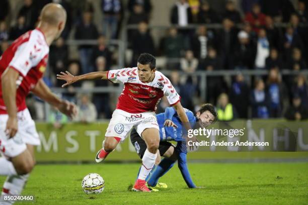 Romario Pereira Sipiao of Kalmar FF and Jonathan Svedberg of Halmstad BK competes for the ball at Orjans Vall on September 20, 2017 in Halmstad,...