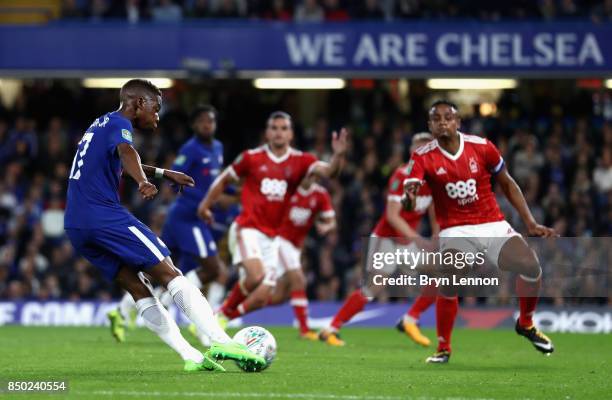 Charly Musonda of Chelsea scores his sides 3rd goal during the Carabao Cup Third Round match between Chelsea and Nottingham Forest at Stamford Bridge...