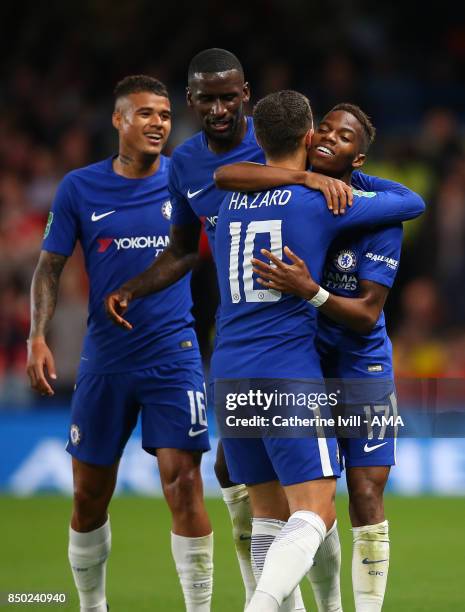 Charly Musonda of Chelsea celebrates after he scores a goal to make it 3-0 with Eden Hazard of Chelsea during the Carabao Cup Third Round match...