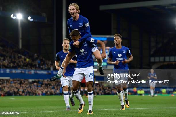 Dominic Calvert-Lewin celebrates his goa with Tom Davies during the Carabao Cup Third Round match between Everton and Sunderland at Goodison Park on...
